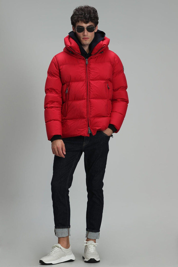 Crimson Elegance: Men's Goose Feather Coat in Fiery Red - Texmart