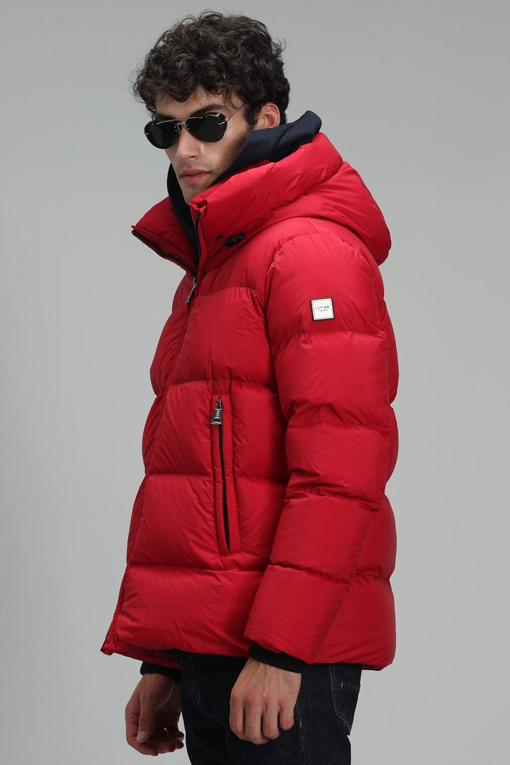 Crimson Elegance: Men's Goose Feather Coat in Fiery Red - Texmart