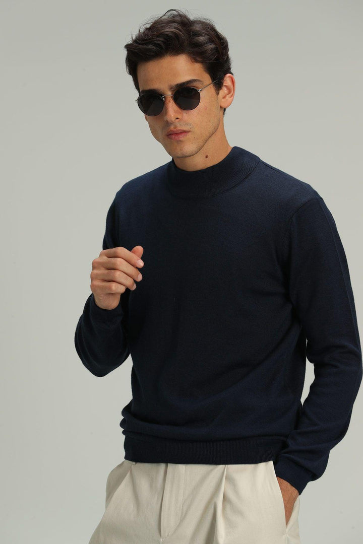 Midnight Blue Wool Blend Sweater - Classic Comfort and Style - Texmart