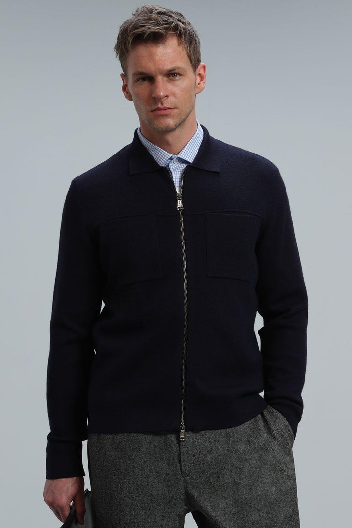 Navy Blue Classic Twist Men's Cardigan: Elevate Your Style with Timeless Versatility - Texmart