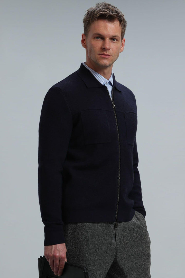 Navy Blue Classic Twist Men's Cardigan: Elevate Your Style with Timeless Versatility - Texmart