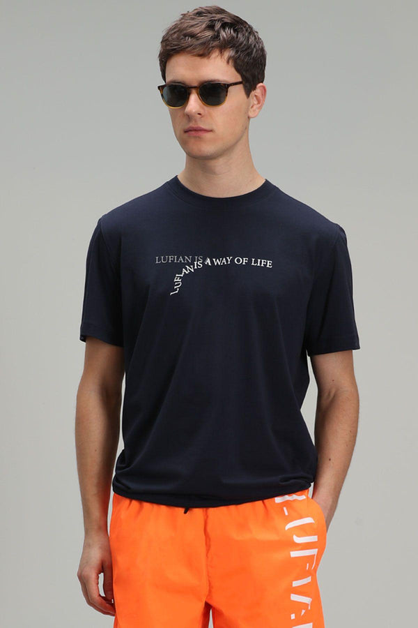 Navy Blue Graphic Waves Cotton T-Shirt: A Contemporary Statement Piece for Men - Texmart