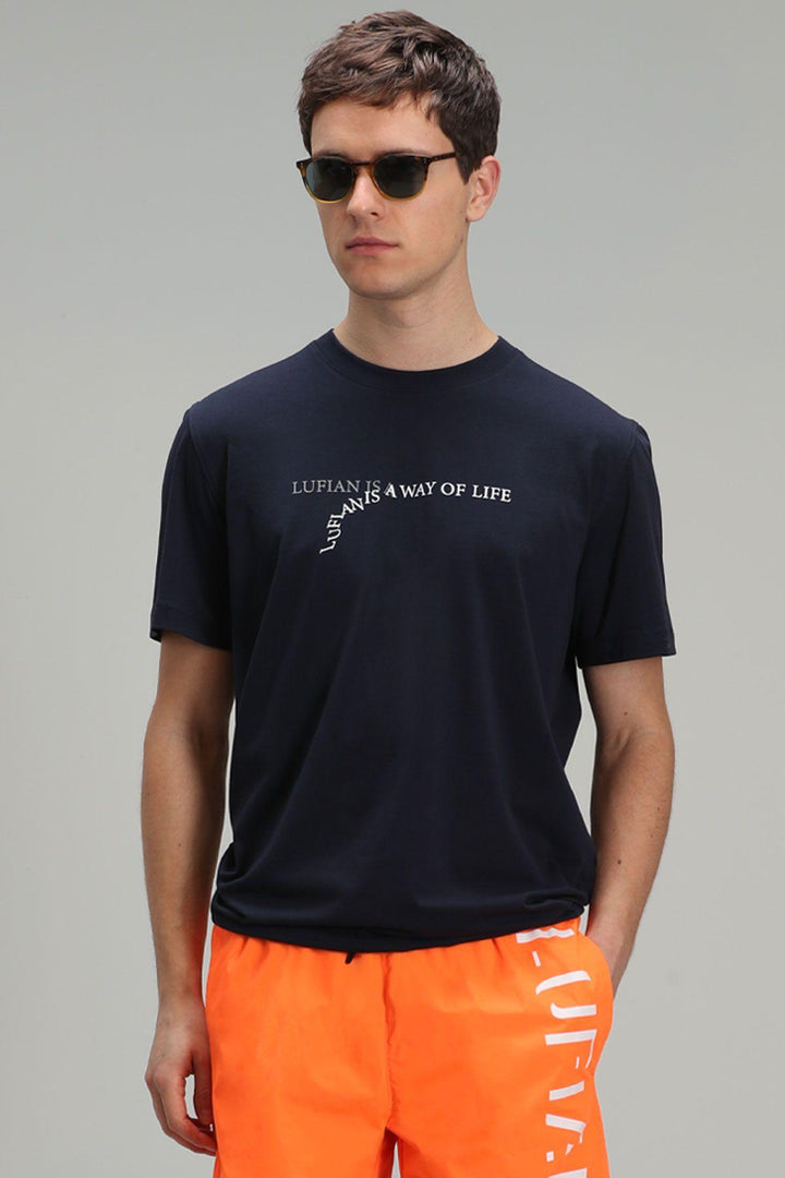 Navy Blue Graphic Waves Cotton T-Shirt: A Contemporary Statement Piece for Men - Texmart