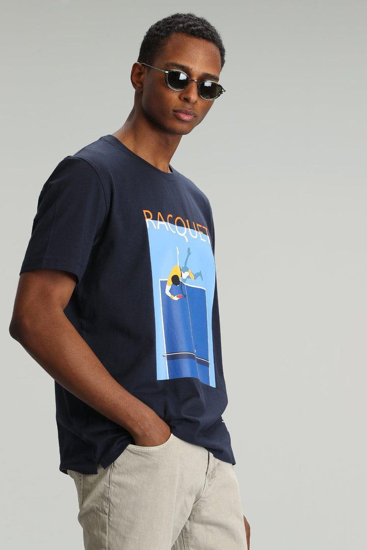 Navy Blue Modern Graphic Knit T-Shirt by Fenza: A Stylish and Comfortable Wardrobe Essential for Men - Texmart