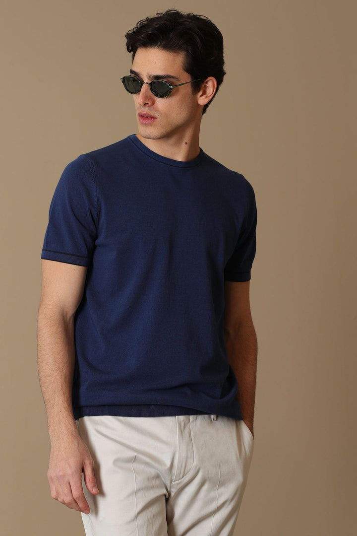 Navy Blue Tri-Blend Men's Short Sleeve Sweater: The Arles Classic - Texmart