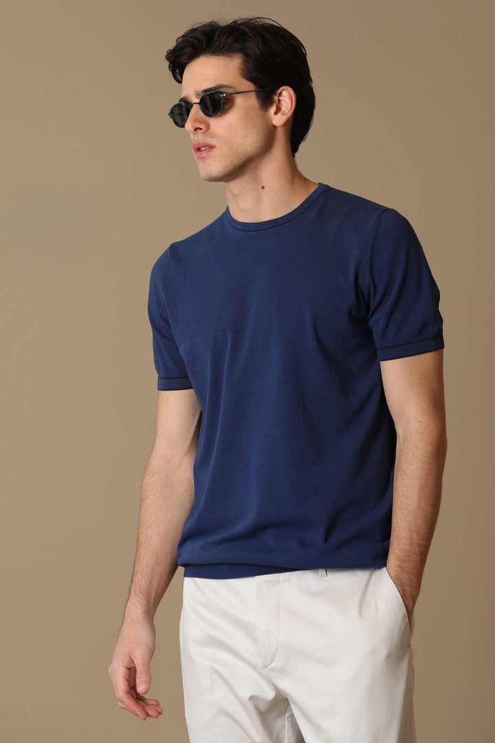 Navy Blue Tri-Blend Men's Short Sleeve Sweater: The Arles Classic - Texmart