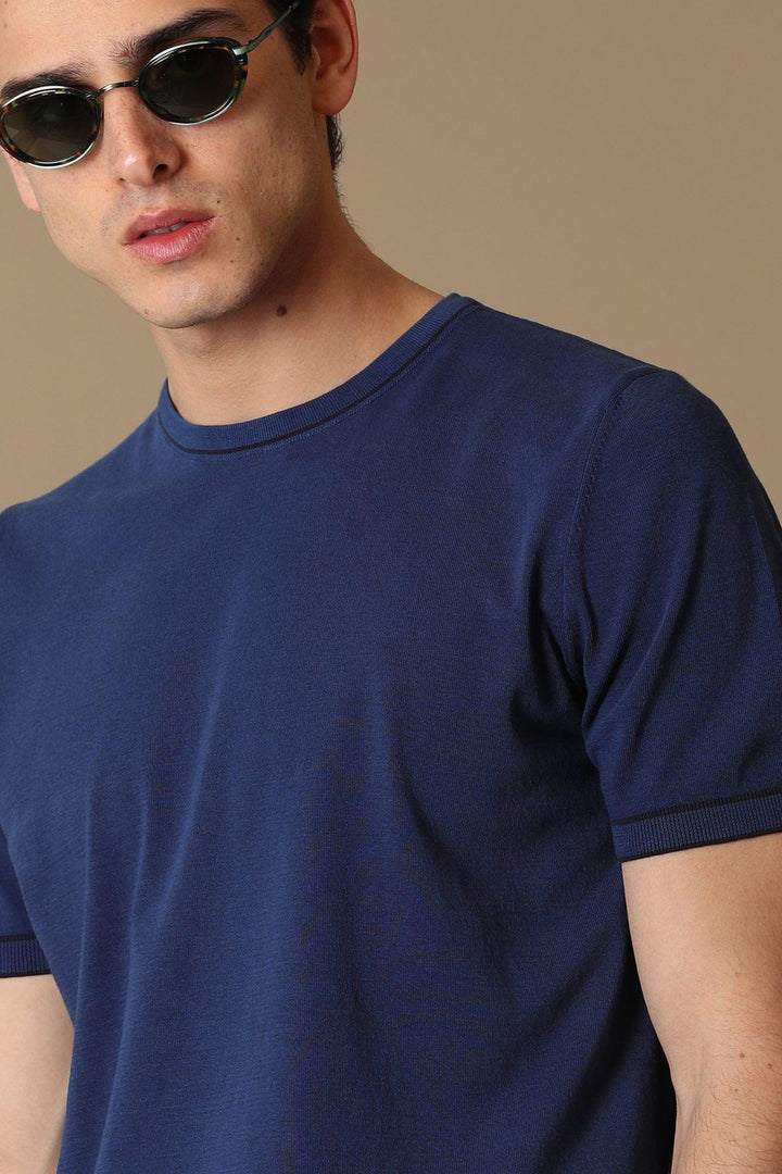 Navy Blue Tri-Blend Men's Short Sleeve Sweater: The Arles Classic - Texmart