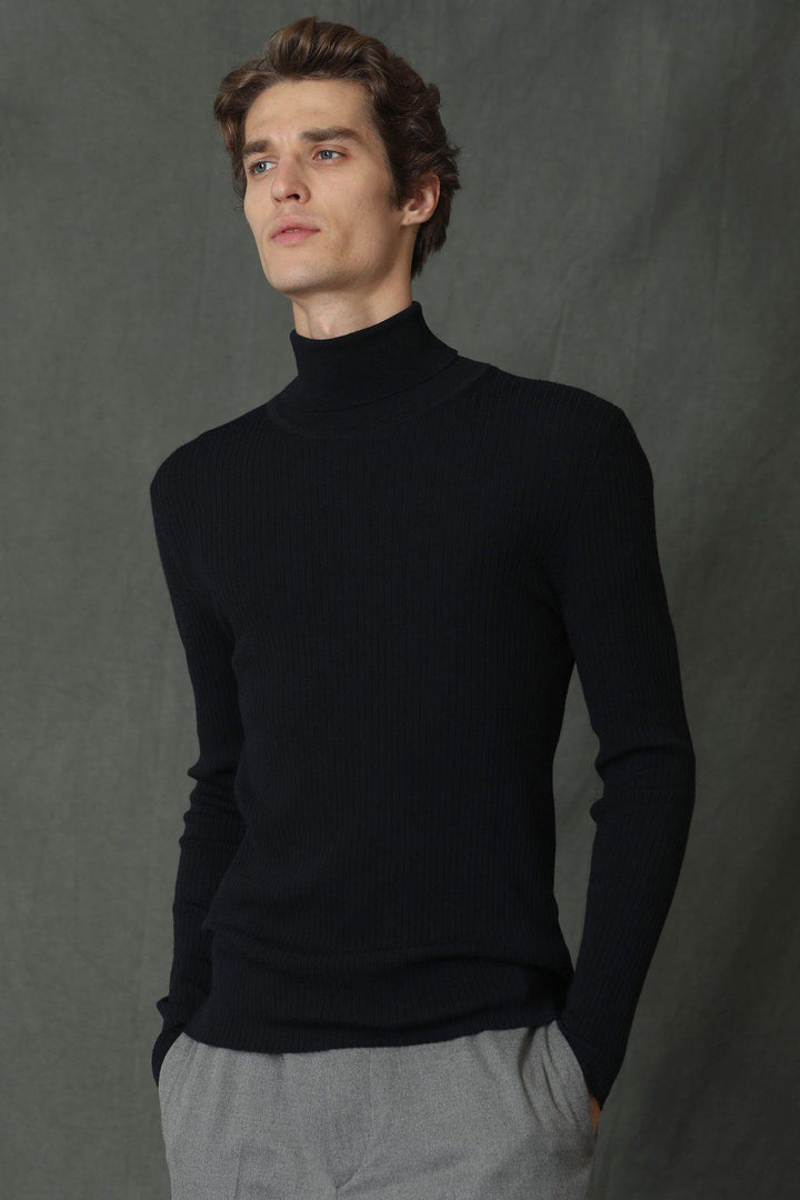 Navy Wool-Blend Fisherman Sweater: Winter Chic - Texmart