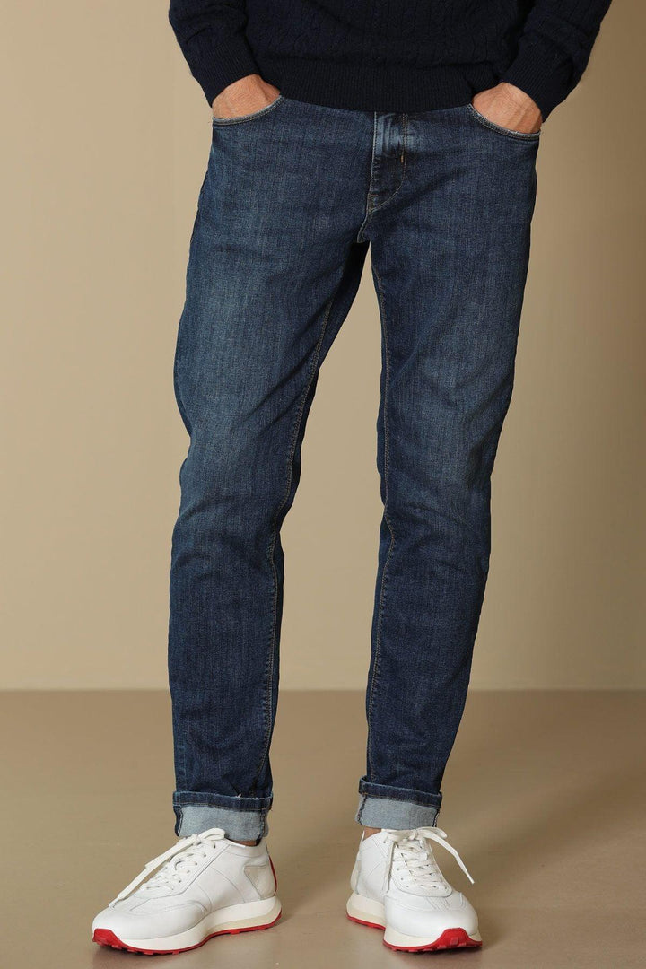 SmartFlex Denim: Men's Slim Fit Dark Blue Trousers - The Ultimate Blend of Style and Comfort - Texmart