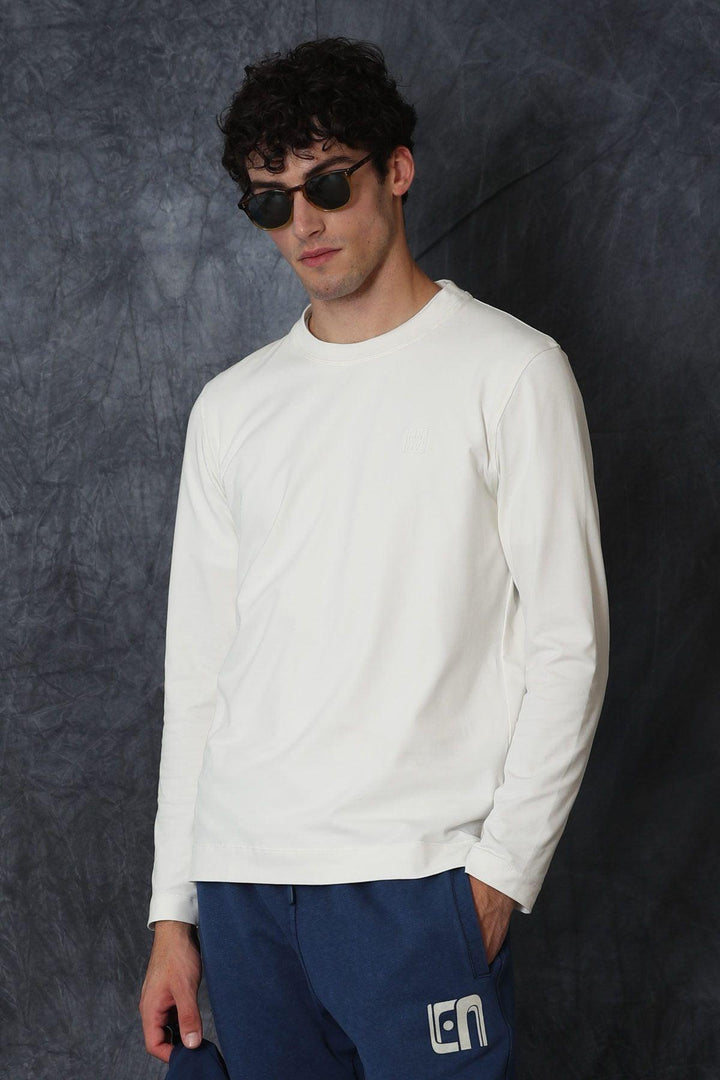 The Essential Stretch: Men's Off White Blend Long Sleeve T-Shirt - Elevate Your Style with Effortless Comfort - Texmart