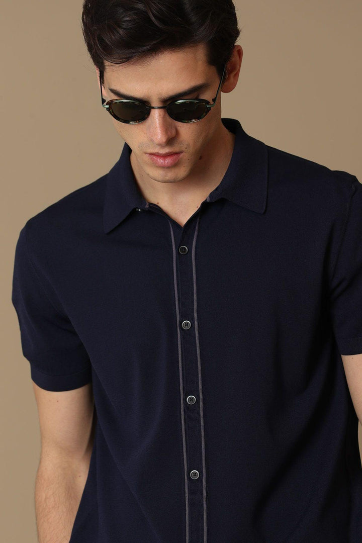 The Navy Blue Niva Men's Short Sleeve Sweater: A Stylish Blend of Comfort and Versatility - Texmart